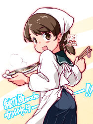 Rule 34 | 1girl, apron, artist logo, bandana, blue sailor collar, blue skirt, brown eyes, brown hair, dated, fish, fish (food), from behind, grilled fish, hair ornament, kantai collection, kappougi, kutone shirika, lightning bolt, lightning bolt hair ornament, lightning bolt symbol, looking at viewer, looking back, low twintails, official alternate costume, parted bangs, sailor collar, saury, school uniform, serafuku, shirayuki (kancolle), short hair, short twintails, skirt, solo, standing, twintails