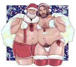 Rule 34 | 2boys, alternate muscle size, bara, beard, belly-to-belly, big belly, blush, bra, brown hair, bulge, character request, christmas, excessive pubic hair, facial hair, fat, fat man, fur-trimmed shorts, fur-trimmed thighhighs, fur trim, goatee, golden kamuy, grey hair, hairy, hat, hatotsutsu, highres, holding, holding sack, koito heiji, long beard, looking at viewer, male focus, male pubic hair, mature male, multiple boys, mustache, navel, navel hair, nipples, obese, old, old man, panties, pubic hair, sack, santa costume, santa hat, short hair, shorts, side-by-side, smile, standing, stomach, suspenders, thick eyebrows, thick thighs, thighhighs, thighs, topless male, underwear, white panties