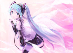 Rule 34 | 1girl, bad id, bad pixiv id, black skirt, black thighhighs, blue eyes, blue hair, blue nails, detached sleeves, feathered wings, gradient background, hatsune miku, headphones, highres, long hair, looking at viewer, matching hair/eyes, microphone, nail polish, necktie, pemu, pomon illust, skirt, smile, solo, tattoo, thighhighs, twintails, very long hair, vocaloid, wings, zettai ryouiki
