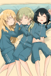 Rule 34 | 3girls, alternate hairstyle, anchovy (girls und panzer), barashiya, black hair, blonde hair, blue jacket, blue shorts, braid, carpaccio (girls und panzer), closed eyes, clothes lift, commentary, double vertical stripe, from above, girl sandwich, girls und panzer, green hair, gym shorts, gym uniform, hair down, hair tie, highres, jacket, jacket lift, long hair, long sleeves, lying, multiple girls, navel, on back, on bed, open mouth, parted lips, pepperoni (girls und panzer), sandwiched, short hair, shorts, side-by-side, side braid, sleeping, track jacket, zipper