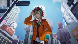 Rule 34 | 1girl, adjusting goggles, backlighting, billboard, black shirt, blouse, blue sky, building, city, day, unworn eyewear, from below, goggles, goggles on head, green eyes, green hair, gumi, hand in pocket, hatsune miku, headphones, highres, holding, holding removed eyewear, jacket, orange jacket, parted lips, project sekai, red goggles, road, shirt, short hair with long locks, sidelocks, sky, skyscraper, street, upper body, vocaloid, white shirt, wounds404