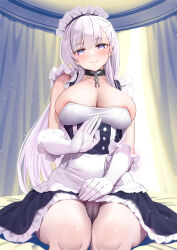 Rule 34 | 1girl, absurdres, apron, areola slip, azur lane, belfast (azur lane), braid, breasts, broken, broken chain, chain, classic (zildjian33), cleavage, french braid, frilled apron, frilled gloves, frills, gloves, highres, lap pillow invitation, large breasts, looking at viewer, low neckline, maid, maid apron, maid headdress, panties, pantyshot, sitting, smile, underwear, white hair