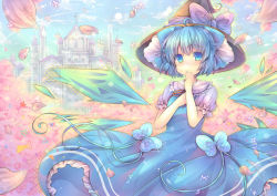 Rule 34 | 1girl, alternate headwear, bad id, bad pixiv id, blue dress, blue eyes, blue hair, blue sky, blush, bow, church, cirno, cloud, coa (chroo x), dress, embellished costume, hair bun, hand on own chest, hand to own mouth, hat, hat bow, ice, ice wings, matching hair/eyes, petals, puffy sleeves, shirt, short sleeves, sky, solo, touhou, wings, witch hat