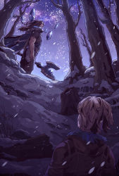 Rule 34 | 2boys, armor, bare tree, belt, blonde hair, brown hair, cape, crystal, ezreal, floating, from behind, from side, fur collar, fur trim, gem, highres, holding, holding weapon, hood, hood down, league of legends, log, long hair, looking up, male focus, multiple boys, night, night sky, outdoors, pants, pauldrons, rock, shirt, short hair, shoulder armor, sky, snow, snowing, standing, star (sky), starry sky, taric, tree, tree stump, weapon, wenny02