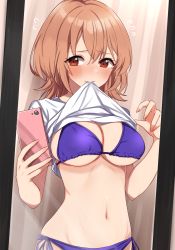 Rule 34 | belly, bikini, bikini under clothes, blue bikini, blush, breasts, brown eyes, brown hair, cellphone, cleavage, closed mouth, clothes in mouth, clothes lift, embarrassed, flying sweatdrops, hair between eyes, hands up, hashimoto hikari, highres, holding, holding phone, large breasts, lifted by self, looking away, midriff, mouth hold, navel, phone, pocchari, raramagi, selfie, shirt, shirt in mouth, shirt lift, short hair, side-tie bikini bottom, smartphone, sweat, swimsuit, t-shirt, upper body, white shirt
