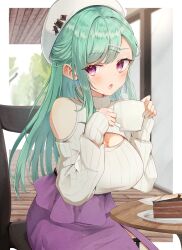 Rule 34 | :o, breasts, cake, cake slice, cleavage, cleavage cutout, clothing cutout, cup, food, green hair, hair ornament, hairclip, highres, holding, holding cup, large breasts, long hair, long skirt, mole, mole on breast, on chair, open mouth, plate, purple eyes, purple skirt, ribbed sweater, shoulder cutout, sidelocks, sitting, skirt, solo, sweater, swept bangs, table, turtleneck, turtleneck sweater, virtual youtuber, vspo!, white headwear, yakumo beni, yakumo beni (3rd costume), yokochy