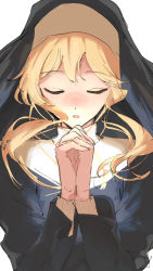 Rule 34 | 1girl, blonde hair, clarice (idolmaster), closed eyes, floating hair, idolmaster, idolmaster cinderella girls, idolmaster cinderella girls starlight stage, interlocked fingers, nun, own hands together, praying, sanpo (sanpo 1027), simple background, solo, traditional nun, upper body, white background
