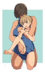 Rule 34 | 2girls, aqua background, barefoot, blue one-piece swimsuit, breasts, brown eyes, brown hair, closed eyes, commentary, hand on another&#039;s thigh, height difference, highres, kei (m k), large breasts, m k, multiple girls, one-piece swimsuit, open mouth, original, rika (m k), short hair, small breasts, smelling hair, soles, swimsuit, symbol-only commentary, toes, tomboy, two-tone background, wet, white background, yuri