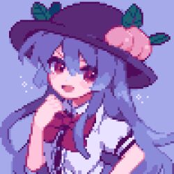 Rule 34 | 1girl, ahiru tokotoko, black headwear, blue background, blue hair, bow, bowtie, commentary, food, fruit, highres, hinanawi tenshi, leaf, long hair, looking at viewer, open mouth, peach, pixel art, red bow, red bowtie, red eyes, short sleeves, simple background, solo, touhou, upper body