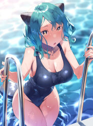 Rule 34 | 1girl, aqua hair, blue nails, blue one-piece swimsuit, breasts, cleavage, commission, freckles, hair between eyes, highres, horns, large breasts, medium hair, nanaichi, one-piece swimsuit, original, outdoors, parted lips, pool, pool ladder, skeb commission, solo, swimsuit, water, wet, wet clothes, wet hair, wet swimsuit