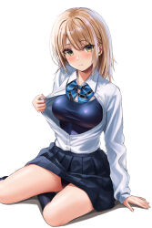 Rule 34 | 1girl, absurdres, arm support, blonde hair, blue one-piece swimsuit, blue skirt, blush, bow, bowtie, breasts, closed mouth, collared shirt, commentary request, green eyes, highres, large breasts, long sleeves, looking at viewer, medium hair, mole, mole on thigh, one-piece swimsuit, original, paid reward available, partially unbuttoned, pleated skirt, school swimsuit, school uniform, shirt, shirt tucked in, simple background, sitting, skirt, smile, solo, striped bow, striped bowtie, striped clothes, swimsuit, swimsuit under clothes, uniform, white background, white shirt, yukemuriganmo
