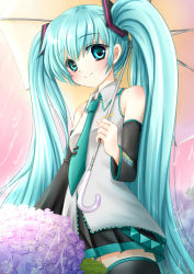 Rule 34 | 1girl, aqua eyes, aqua hair, bad id, bad pixiv id, bare shoulders, blush, body blush, chize, detached sleeves, flower, hatsune miku, hydrangea, long hair, looking at viewer, musical note, necktie, rain, skirt, smile, solo, thighhighs, transparent, transparent umbrella, twintails, umbrella, very long hair, vocaloid