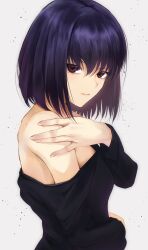 Rule 34 | 1girl, bare shoulders, black dress, black eyes, black hair, breasts, closed mouth, commentary, dress, fingernails, hair between eyes, hand on own shoulder, highres, kuonji alice, long sleeves, looking at viewer, mahou tsukai no yoru, medium breasts, off shoulder, short hair, simple background, solo, toomishou, white background