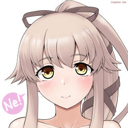 Rule 34 | 1girl, blush, closed mouth, collarbone, cypress, hair between eyes, kantai collection, long hair, pink hair, ponytail, portrait, simple background, smile, solo, twitter username, very long hair, white background, yellow eyes, yura (kancolle), yura kai ni (kancolle)