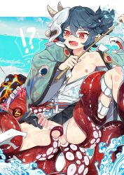 Rule 34 | 1boy, absurdres, anger vein, angry, bishounen, censored, crying, crying with eyes open, green hair, hannya (onmyoji), highres, holding, japanese clothes, long sleeves, male focus, mask, moto mitsuashi, nipples, octopus, onmyoji, open clothes, open mouth, red eyes, short hair, snake, solo, spread legs, suction cups, tears, tentacle sex, tentacles