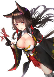 Rule 34 | 1girl, absurdres, akagi (azur lane), animal ears, azur lane, bad id, bad pixiv id, black hair, blunt bangs, blush, breasts, brown hair, cleavage, collarbone, floating hair, fox ears, fox tail, gloves, gui ss, hair ribbon, highres, japanese clothes, large breasts, long hair, long sleeves, looking at viewer, multiple tails, parted lips, partially fingerless gloves, red eyes, ribbon, rigging, sidelocks, simple background, skindentation, smile, solo, tail, tassel, thighhighs, tress ribbon, white background, wide sleeves