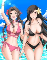 Rule 34 | 2girls, aerith gainsborough, arm up, bangle, bare shoulders, bikini, black bikini, black hair, blue sky, bracelet, braid, braided ponytail, breasts, brown hair, cloud, cloudy sky, collarbone, commentary, costa del sol, cowboy shot, english commentary, final fantasy, final fantasy vii, final fantasy vii remake, flower, green eyes, hair flower, hair ornament, hair ribbon, halterneck, hand on another&#039;s arm, highres, holding another&#039;s arm, horizon, jewelry, kivavis, large breasts, long hair, medium breasts, multiple girls, navel, necklace, ocean, open mouth, outdoors, parted bangs, pink bikini, pink nails, pink ribbon, red eyes, red flower, red nails, ribbon, shell, shell necklace, side-tie bikini bottom, sidelocks, single sidelock, sky, square enix, stomach, swept bangs, swimsuit, teeth, tifa lockhart, upper teeth only, water, yellow flower
