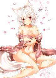 Rule 34 | 1girl, animal ears, bare legs, bare shoulders, barefoot, blush, breast hold, breasts, collarbone, heart, inubashiri momiji, japanese clothes, kimono, large breasts, leaf print, looking at viewer, maple leaf print, naked kimono, navel, off shoulder, open clothes, open kimono, page number, red eyes, short hair, sitting, smile, solo, tail, touhou, white background, wolf ears, wolf tail, yua (checkmate)