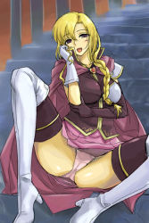 Rule 34 | 1girl, blonde hair, boots, braid, cameltoe, cape, fire emblem, fire emblem: the blazing blade, gloves, long hair, louise (fire emblem), michael f91, nintendo, panties, pink panties, sitting, sitting on stairs, solo, spread legs, stairs, thigh boots, thighhighs, underwear