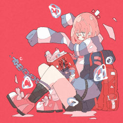 Rule 34 | 1girl, 2020, absurdres, backpack, bag, black socks, blush, book, bubble, chain, haru57928031, highres, holding, holding book, illustration.media, knees up, light brown hair, long sleeves, open book, original, pink footwear, red background, red bag, scarf, shoes, short hair, socks, solo, striped clothes, striped neckwear, striped scarf