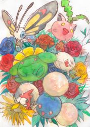 Rule 34 | :d, beautifly, blue flower, bug, commentary request, creatures (company), flower, game freak, gara (qbeuxvii22), gen 2 pokemon, gen 3 pokemon, highres, hoppip, jumpluff, nintendo, no humans, open mouth, orange flower, painting (medium), pokemon, pokemon (creature), red flower, silcoon, skiploom, smile, tongue, traditional media, watercolor (medium), white background, wurmple, yellow eyes, yellow flower