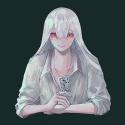 Rule 34 | 1boy, card, collarbone, earrings, green background, hair between eyes, holding, holding card, jewelry, joker (playing card), kf8fw, long hair, male focus, necklace, original, playing card, red eyes, ring, simple background, sleeves rolled up, solo, white hair