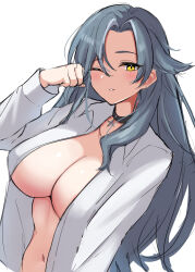 Rule 34 | 1girl, absurdres, azur lane, blush, breasts, chkalov (azur lane), choker, collarbone, collared shirt, grey hair, highres, large breasts, long hair, mature female, navel, one eye closed, parted bangs, shirt, simple background, solo, soul (dp11), stomach, unbuttoned, unbuttoned shirt, white background, white shirt, yellow eyes