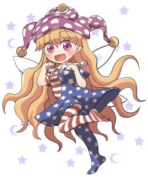 Rule 34 | 1girl, american flag dress, american flag legwear, blonde hair, blush, clownpiece, crescent, dress, fairy, fairy wings, fang, full body, hair between eyes, hat, highres, jester cap, long hair, open mouth, pantyhose, pink eyes, pink hat, polka dot, polka dot headwear, rokugou daisuke, signature, smile, solo, star (symbol), striped clothes, striped dress, striped pantyhose, touhou, white background, wings