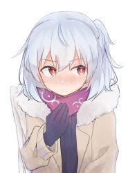 Rule 34 | 1girl, alternate costume, black gloves, black shirt, blush, casual, coat, commentary request, contemporary, fur-trimmed coat, fur-trimmed jacket, fur trim, gloves, grey jacket, half updo, hand up, highres, idaku, jacket, kishin sagume, long sleeves, looking to the side, nose blush, open clothes, open jacket, purple scarf, red eyes, scarf, shirt, short hair, silver hair, simple background, single wing, solo, touhou, upper body, white background, wings, winter clothes, winter coat