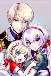 Rule 34 | 1boy, 2girls, axia-chan, blonde hair, blue eyes, character request, epaulettes, father and daughter, fortissimo, grey hair, hair ornament, hair ribbon, hairband, highres, hug, if they mated, leopold (symphogear), long hair, military, military uniform, mother and daughter, multiple girls, musical note, musical note hair ornament, necktie, purple eyes, red hairband, red necktie, red ribbon, ribbon, s.o.n.g. uniform, senki zesshou symphogear, senki zesshou symphogear xd unlimited, short sleeves, twintails, twitter username, uniform, yukine chris
