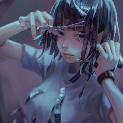 Rule 34 | 1girl, black hair, blue eyes, crying, crying with eyes open, cutting hair, film strip, grey background, highres, kanopikami, original, scissors, shirt, simple background, tears, upper body, watch, white shirt, wristwatch