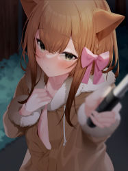 Rule 34 | 1girl, absurdres, animal ears, arm up, bad id, bad pixiv id, blurry, blurry foreground, blush, bow, braid, brown coat, brown hair, cat ears, closed mouth, coat, commentary request, depth of field, fur-trimmed coat, fur-trimmed sleeves, fur trim, haiba 09, hair between eyes, hair bow, highres, looking at viewer, naked coat, nekoseki rion (haiba 09), night, open clothes, open coat, original, outdoors, outstretched arm, paid reward available, pink bow, selfie, selfie stick, solo, yellow eyes