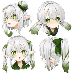 Rule 34 | + +, 1girl, :d, :o, alternate hairstyle, bow, closed mouth, cropped shoulders, dot mouth, double bun, from side, genshin impact, gotou (nekocat), gradient hair, green eyes, green hair, green ribbon, hair bow, hair bun, hair ribbon, high ponytail, highres, long hair, looking at viewer, low twintails, multicolored hair, multiple views, nahida (genshin impact), open mouth, pointy ears, ribbon, signature, simple background, smile, straight-on, sweat, twintails, two side up, white background