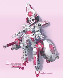 Rule 34 | 1girl, armor, black hair, blush stickers, breasts, brown eyes, commentary, dual wielding, english commentary, english text, faulds, full body, geta, gundam, headgear, highres, holding, joints, katana, mecha musume, metal skin, original, pink background, pink lips, pink theme, polka dot, polka dot background, ringed eyes, robot ears, robot joints, scabbard, sheath, sheathed, short hair, small breasts, solo, sword, tengu-geta, weapon, xaxaxa