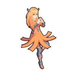 Rule 34 | 1girl, animindustry, anuken, black background, closed mouth, dress, full body, game cg, green eyes, hair between eyes, highres, horns, long hair, long sleeves, orange dress, orange hair, own hands together, personification, sei (animindustry), simple background, smile, solo, standing