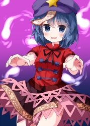 Rule 34 | 1girl, black ribbon, black skirt, blue eyes, blue hair, blush, breasts, cabbie hat, cowboy shot, dutch angle, gradient background, hair between eyes, hat, hat ornament, highres, hitodama, jiangshi, looking at viewer, miyako yoshika, neck ribbon, ofuda, one-hour drawing challenge, open mouth, outstretched arms, purple background, purple hat, red shirt, ribbon, ruu (tksymkw), shirt, short hair, simple background, skirt, small breasts, smile, solo, star (symbol), star hat ornament, touhou, zombie pose