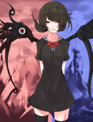 Rule 34 | 1girl, alternate wings, arms behind back, asymmetrical wings, black dress, black hair, black thighhighs, black wings, bow, bowtie, commentary, cowboy shot, dress, extra eyes, eyes visible through hair, houjuu nue, looking at viewer, open mouth, red bow, red bowtie, red eyes, short dress, short hair, short sleeves, smile, solo, split theme, thighhighs, touhou, tugmix, wings