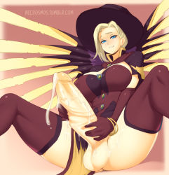Rule 34 | 1girl, alternate costume, blonde hair, blue eyes, breasts, cleavage, erection, from below, full-package futanari, futanari, halloween, hat, highres, huge penis, large breasts, long hair, looking at viewer, mercy (overwatch), necrosmos, overwatch, overwatch 1, penis, smile, solo, spread legs, testicles, thighhighs, uncensored, witch, witch hat