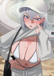 Rule 34 | 1girl, absurdres, bikini, bikini under clothes, blush, breasts, cheui16, cleavage, clothes lift, fountain, grey hair, hat, highres, lifting own clothes, looking at viewer, navel, open mouth, original, purple eyes, shirt lift, short hair, solo, sweat, swimsuit, white background