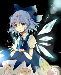 Rule 34 | 1girl, :o, bad id, bad twitter id, black background, black ribbon, blue bow, blue dress, blue eyes, blue hair, blush, bow, cirno, commentary request, cowboy shot, dress, hair between eyes, hair bow, highres, ice, ice wings, lens flare, looking at viewer, neck ribbon, parted lips, pinafore dress, puffy short sleeves, puffy sleeves, ribbon, satoupote, short hair, short sleeves, sleeveless dress, solo, touhou, wings