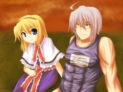 Rule 34 | 1boy, 1girl, abs, ahoge, alice margatroid, arm support, bad anatomy, bare shoulders, blonde hair, blue eyes, cirno, cirno (cosplay), cosplay, couple, dusk, glasses, grass, grey hair, hairband, mannosuke, morichika rinnosuke, muscular, ni, ni (ippozenshin), one-piece swimsuit, parody, poorly drawn, school swimsuit, see-through, serious, short hair, sitting, smile, sunset, swimsuit, touhou, translation request, twilight, yellow eyes