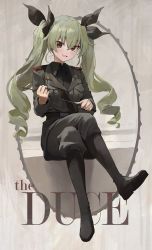 Rule 34 | 1girl, anchovy (girls und panzer), belt, black belt, black footwear, black necktie, black ribbon, black shirt, blouse, blush, boots, brown hair, collar, collared shirt, commentary request, drill hair, english text, facing viewer, full body, girls und panzer, green hair, grey jacket, grey pants, hair between eyes, hair ribbon, highres, holding, jacket, long hair, long sleeves, looking at viewer, military, military uniform, modare, necktie, open mouth, pants, pants tucked in, ribbon, shirt, simple background, sitting, smile, solo, strap, twin drills, twintails, uniform