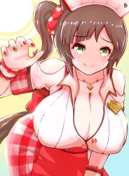 Rule 34 | 1girl, animal ears, bent over, breasts, brown hair, cleavage, closed mouth, clothing cutout, covered erect nipples, diagonal bangs, freckles, green eyes, hand up, heart on chest, highres, horse ears, horse girl, horse tail, huge breasts, ines fujin (melty gift) (umamusume), ines fujin (umamusume), jewelry, looking at viewer, maid headdress, name tag, necklace, noishi88, partially unbuttoned, red nails, shoulder cutout, side ponytail, simple background, smile, solo, tail, umamusume, waitress