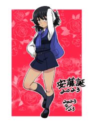 Rule 34 | 1girl, 2023, andou (girls und panzer), arm up, bc freedom school uniform, birthday, black dress, black eyes, black hair, black socks, blue necktie, blue sweater, blush, character name, closed mouth, commentary, dark-skinned female, dark skin, dated, dress, dress shirt, floral background, flower, full body, girls und panzer, half-closed eyes, hand in own hair, hand on own hip, light frown, looking at viewer, mary janes, medium hair, messy hair, necktie, outline, pinafore dress, pleated dress, red background, rose, school uniform, shirt, shoes, short dress, sleeveless, sleeveless dress, socks, solo, standing, standing on one leg, sweater, sweater around neck, takahashi kurage, translated, white outline, white shirt, wing collar