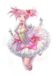 Rule 34 | 10s, 1girl, bow, bubble skirt, choker, gloves, hair bow, jumping, kaname madoka, magical girl, mahou shoujo madoka magica, mahou shoujo madoka magica (anime), pink eyes, pink hair, puffy sleeves, ris, short twintails, skirt, solo, twintails, white gloves