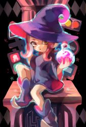 Rule 34 | 1girl, argyle, argyle background, argyle clothes, black background, black dress, black footwear, black headwear, bottle, dress, hat, holding, holding bottle, long sleeves, looking at viewer, nintendo, octoling, octoling girl, octoling player character, on table, open mouth, pillar, pink hair, road sign, shoes, short hair, sign, sitting, splatoon (series), splatoon 2, splatoon 2: octo expansion, table, tawara8853, tentacle hair, traffic light, witch hat, yellow eyes