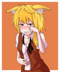 Rule 34 | 1girl, ahoge, animal ear fluff, animal ears, asymmetrical hair, black necktie, blonde hair, border, breasts, brown skirt, brown vest, cleavage, clenched teeth, collared shirt, commentary request, cookie (touhou), cowboy shot, crying, crying with eyes open, fox ears, fox girl, looking at viewer, medium hair, miramikaru riran, necktie, orange background, shirt, short sleeves, sidelocks, simple background, skirt, small breasts, solo, tears, teeth, undone necktie, vest, white border, white shirt, yan pai