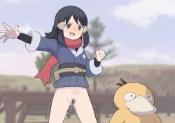 Rule 34 | 1girl, @ @, akari (pokemon), black hair, black sash, black shirt, blurry, blurry background, bottomless, censored, clenched hand, cloud, commentary request, creatures (company), day, exhibitionism, eyelashes, female pubic hair, game freak, gen 1 pokemon, grey eyes, grey jacket, hair ornament, hairclip, jacket, long hair, mosaic censoring, nervous smile, nintendo, open mouth, outdoors, outstretched arm, pokemon, pokemon (creature), pokemon legends: arceus, psyduck, pubic hair, public indecency, pussy, pussy juice, pussy juice trail, red scarf, samidare (hoshi), sash, scarf, shirt, sky, smile, spread fingers, standing, sweat, tree, trembling