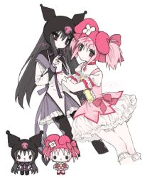 Rule 34 | 2girls, akemi homura, animal ear hood, animal ears, anime coloring, argyle, back bow, black capelet, black eyes, black footwear, black hair, black hood, boots, bow, bowtie, bubble skirt, capelet, center frills, chest jewel, chibi, chibi inset, choker, collared capelet, commentary, cosplay, cross, dress, fake animal ears, floppy ears, flower, frilled skirt, frilled sleeves, frilled socks, frills, hair bow, hat, hat bow, hat flower, high collar, holding hands, hood, kaname madoka, kneehighs, kuromi, kuromi (cosplay), light blush, long hair, long sleeves, looking at another, lowres, magical girl, mahou shoujo madoka magica, mahou shoujo madoka magica (anime), miniskirt, multiple girls, multiple views, my melody, my melody (cosplay), parted lips, pink bow, pink choker, pink dress, pink eyes, pink gemstone, pink hair, pink hood, pleated skirt, puffy short sleeves, puffy sleeves, purple bow, purple bowtie, purple skirt, rabbit ears, red footwear, sanrio, shoes, short dress, short hair, short sleeves, short twintails, simple background, single blush sticker, skirt, skull print, socks, solid circle eyes, square neckline, straight hair, thigh boots, twintails, u emper, waist bow, white background, white dress, white flower, white skirt, white sleeves, white socks, winged heart, yuri