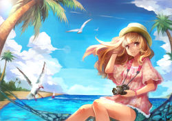 Rule 34 | 1girl, absurdres, bad id, bad pixiv id, beach, bird, blonde hair, blunt bangs, boat, camera, cloud, day, hand in own hair, hat, highres, long hair, original, outdoors, sitting, sky, smile, solo, tree, water, watercraft, yellow eyes, zhuxiao517